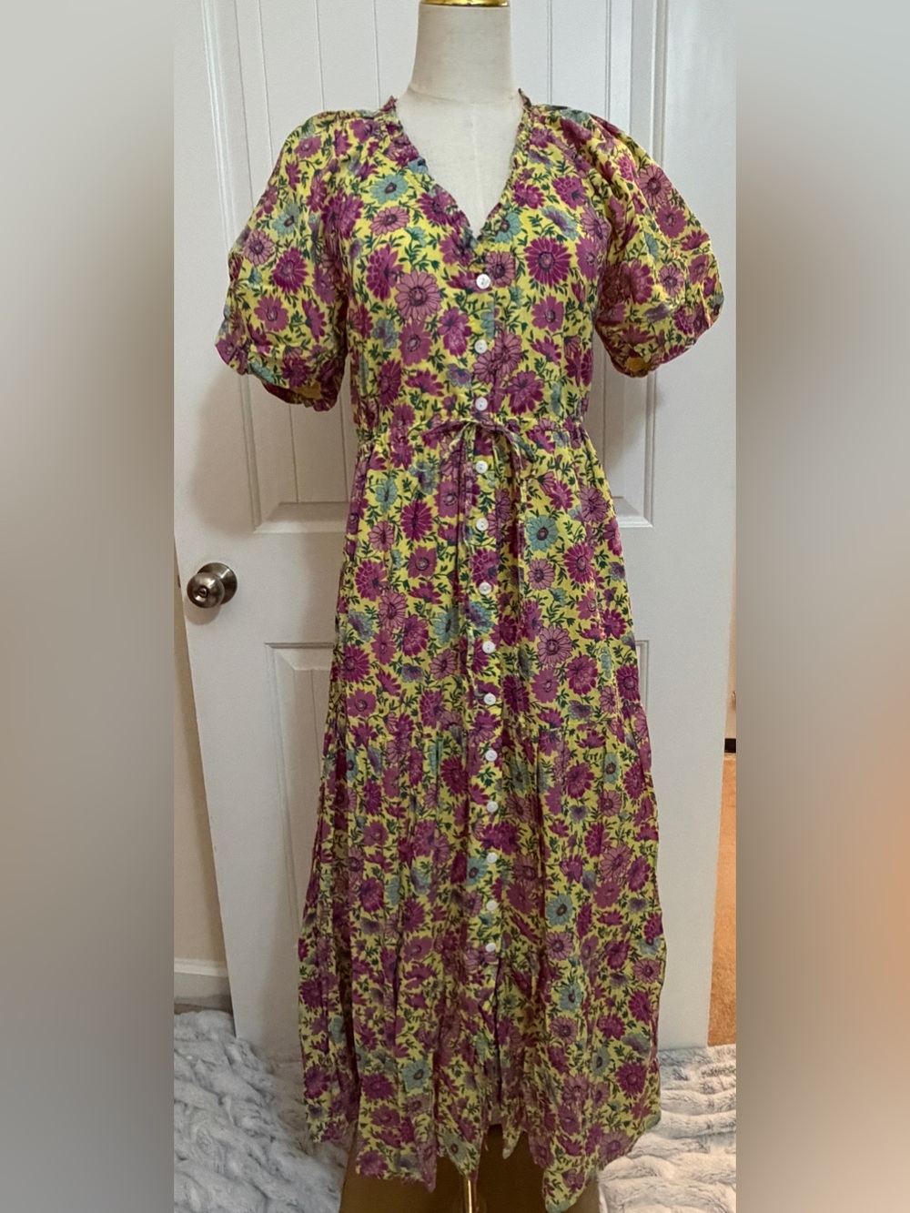 Banjanan Yellow Poppy Dress Daisy Lemon Floral Print Sz Large